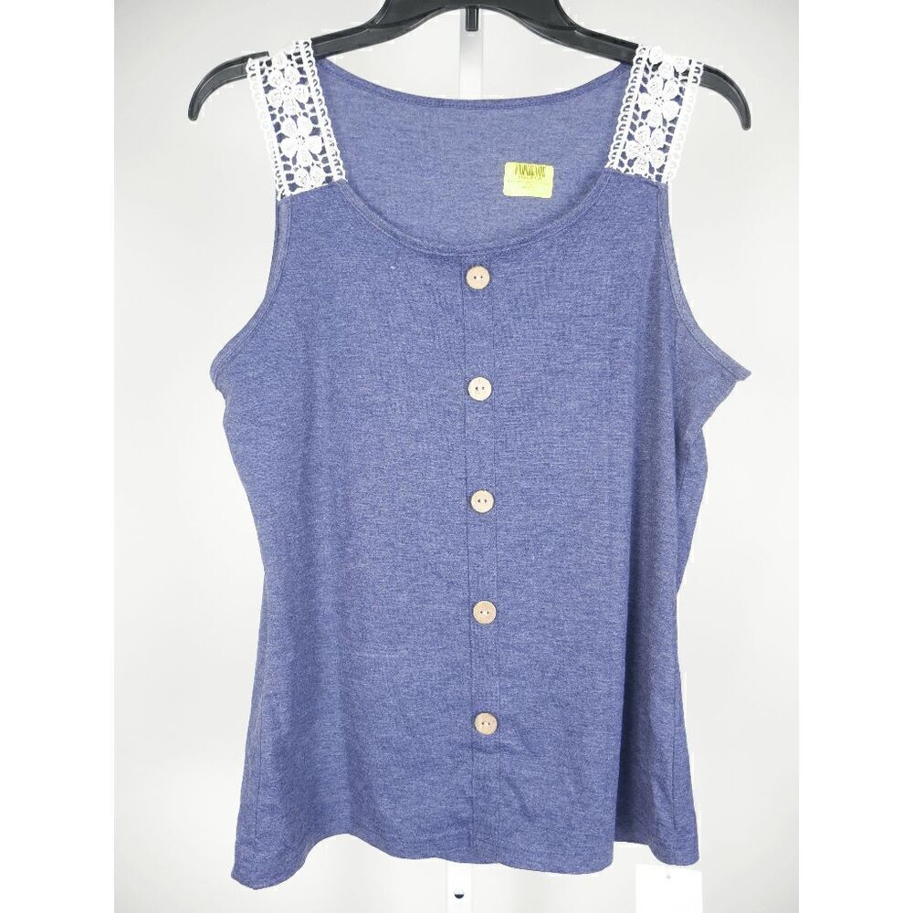 Women's Navy Lace Strap Button-accent Tank Top M - Picture 3 of 7